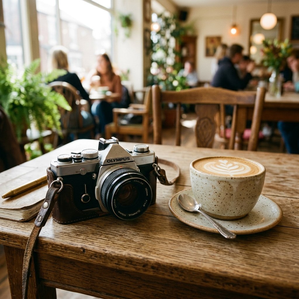 Retro film camera on a cafe table